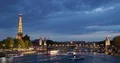 Establishing Shot of Paris City Skyline with Famous Landmark Eiffel Tower Dusk 4k or 4k+ Resolution