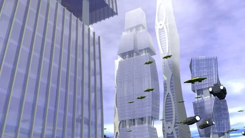 ESTABLISHING SHOT SCI FI SKYSCRAPER ARCHITECTURE CITY WITH FLYING SHIPS Vídeos de archivo 73959558