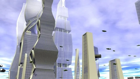 ESTABLISHING SHOT SCI FI SKYSCRAPER &amp; FLYING SHIPS Vídeos de archivo 73962253