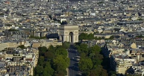 Establishing shot of the streets of Paris in the summer. Drone shot of french Stock Footage 256977161