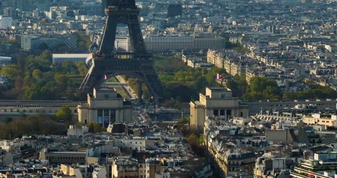 Establishing shot of the streets of Paris in the summer. Drone shot of french Stock Footage 257099341