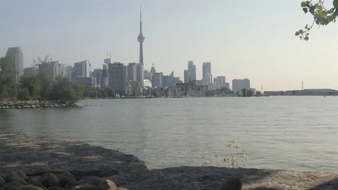 Establishing wide angle shot of Toronto skyline across Lake Ontario. Stock Footage 79184925