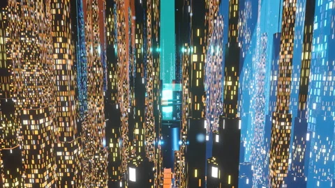 Establishing wide push-in over glowing futuristic neon street architecture, 4K Stock Footage 336840808