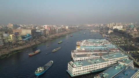 Establishment drone view of Launch Terminal, Sadarghat, Dhaka, Bangladesh Stock Footage 301445888