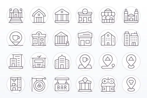 Establishment Vector Icon Collection with 24 64x64 Thin Line Designs Stock Illustration