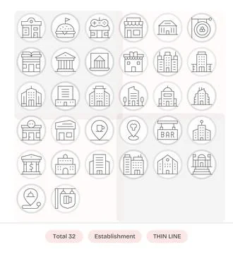 Establishment Visual Pack containing 32 Thin Line Display Perfect Vector Icon Stock Illustration