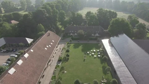 Estate Courtyard Between Long Building Wings, Central Lawn, Aerial Drone View Stock Footage 341324694