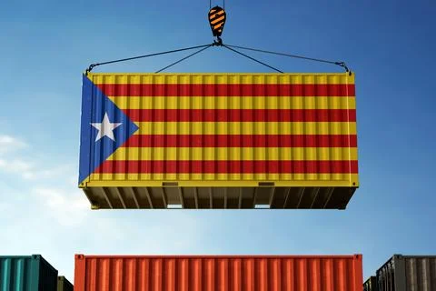 Estelada trade cargo container hanging against clouds background Stock Photos