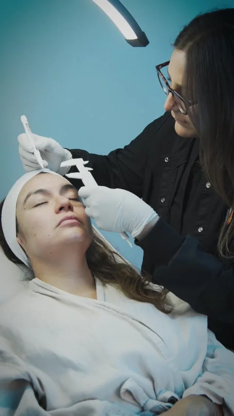 Esthetician measuring eyebrows before microblading procedure Stock-Footage 344610734