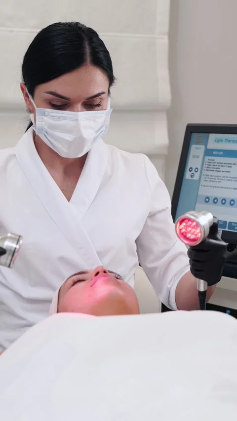 Esthetician performs red light LED therapy on client for skin rejuvenation in Stock Footage 261126897