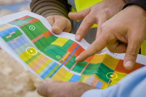Estimated data on a sheet of paper are considered by workers Estimated dat... Foto stock