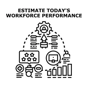Estimating workforce performance involves analyzing employee feedback, tracki Stock Illustration