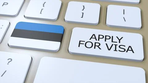 Estonia, Apply for Visa Concept. Button Push 3D Illustration. Visa Apply for Stock Illustration