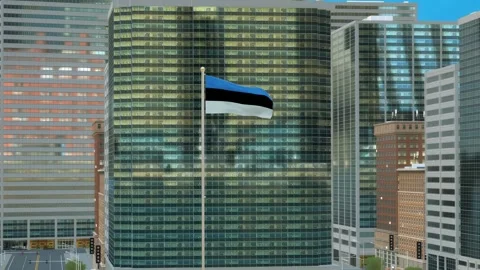 Estonia Flag 3D Render Animation on Pole with Modern Business District Build Stock-Footage 332882420