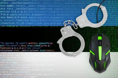 Estonia flag  and handcuffed computer mouse. Combating computer crime, hacker Stock-Fotos