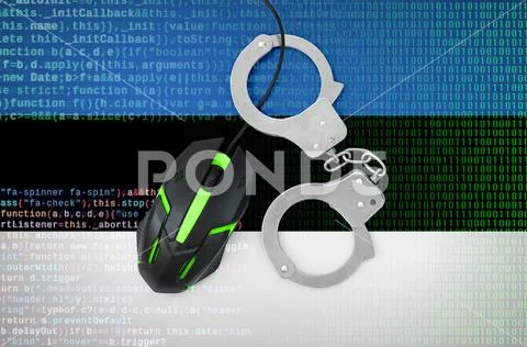 Estonia flag and handcuffed computer mouse. Combating computer crime, hacker Stock Photos
