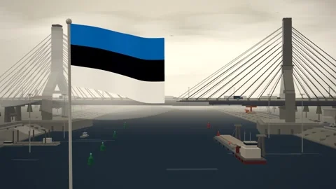 Estonia Flag Flying Over Cable Stayed Bridge River seamless loop Stock Footage 345803707