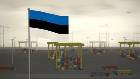 Estonia Flag Flying Over Container Terminal Stacking Yard seamless loop Stock-Footage 345804881
