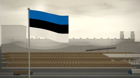 Estonia Flag Flying Over Paper Mill Log Yard seamless loop Stock Footage 345803710