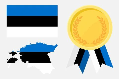 Estonia flag with map and gold medal in set for web and banners or app and .. Stock Illustration