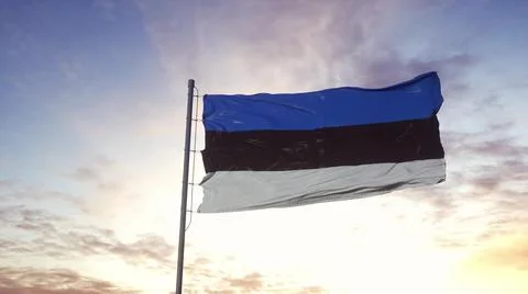 Estonia flag waving in the wind, dramatic sky background. 3d illustration Stock Illustration
