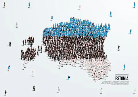 Estonia Map and Flag. A large group of people in the Estonia flag color. Stock Illustration