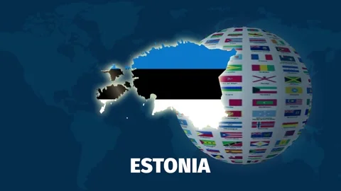 Estonia map animation with rotating flag globe on blue background Stock Footage 328415478