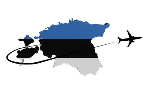Estonia map flag with plane silhouette and swoosh 3d illustration Stock Illustration