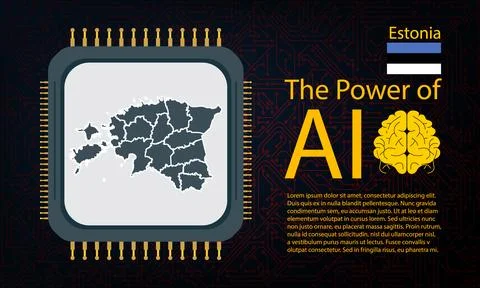 Estonia map with microchip war and AI concept on circuit board, Power of AI.. Ilustração Stock