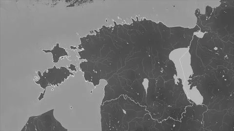 Estonia outlined on a Grayscale elevation map with lakes and rivers Illustrazione stock