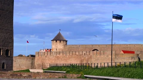 Estonian and Russian Flags Narva Stock Footage 336497589