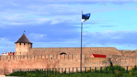 Estonian Flag at Narva Castle Wall Stock Footage 336497605
