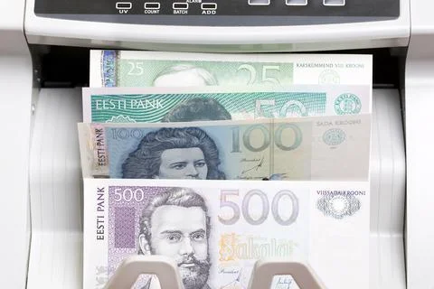 Estonian kroon in the counting machine Stock Photos