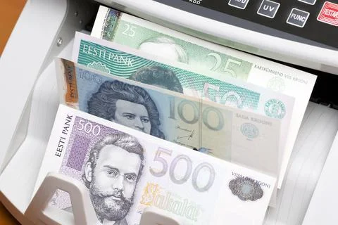 Estonian kroon in the counting machine Stock Photos