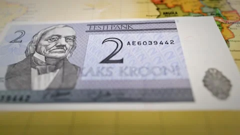 Estonian Two Krooni Banknote Featuring Portrait and Test Bank Inscription Stock Footage 340483366