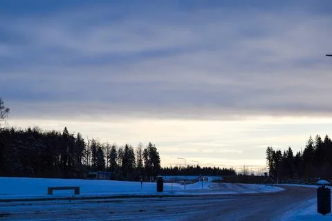 Estonian Winter Road at Twilight with Forest Silhouette Stock Photos