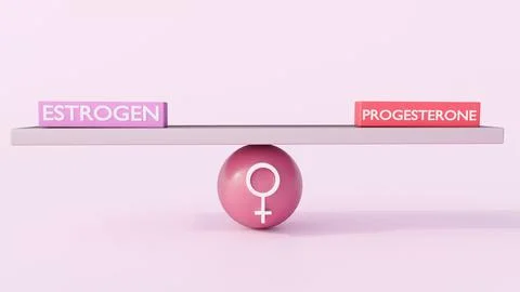 "ESTROGEN" and "PROGESTERONE" blocks balanced on a sphere with female symbol. Stock Illustration