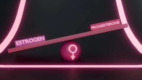 "ESTROGEN" and "PROGESTERONE" blocks balanced on a sphere with female symbol. Stock Illustration