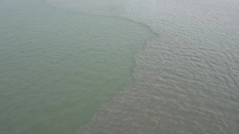 Estuary difference between fresh water and sea water from above Stock Footage 232469945