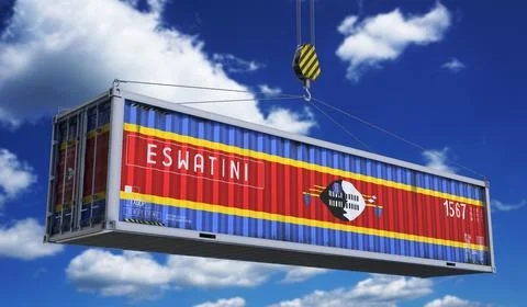 Eswatini - cargo container hanging on crane for international trade and log.. 库存插图
