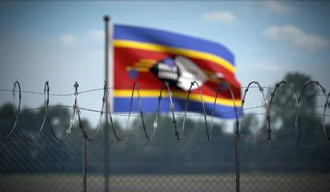 Eswatini - Flag and Barbed Wire Fence - 3D illustration Stock Illustration