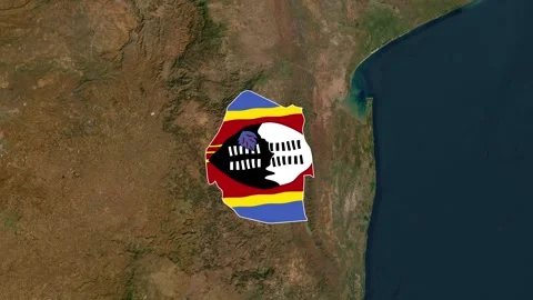 Eswatini flag overlay on satellite map footage showing its geographic location Vídeos de archivo 335144693