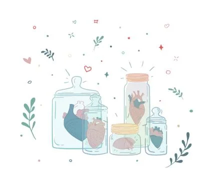 Et of jars with a human heart. Collection relations. Stock Illustration