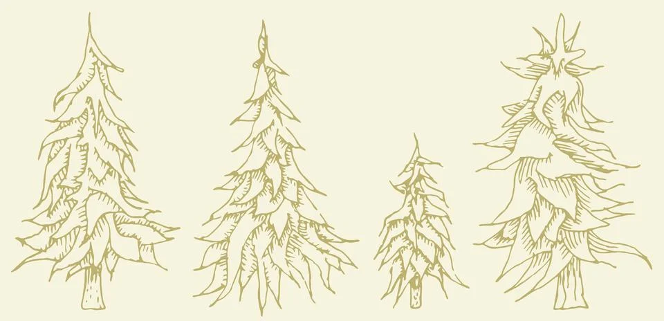 Etching drawing of fir tree. Vector set Stock Illustration