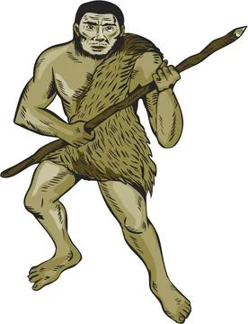 Etching engraving handmade style illustration of a neanderthal man holding spear Stock Illustration