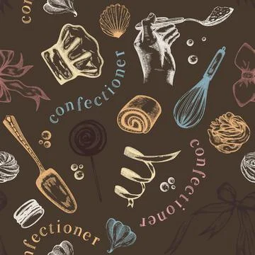 Etching vintage seamless vector pattern with macaroon, roll, merengue, spoon Stock Illustration