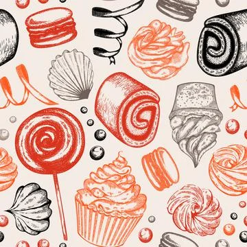 Etching vintage seamless vector pattern with macaroon, roll, merengue,and other Stock Illustration