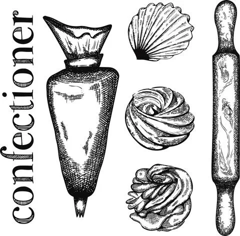 Etching vintage vector set with macaroon, cake, spoon, hand and cook's hat Stock Illustration