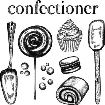 Etching vintage vector set with macaroon, cake, spoon, hand and cook's hat Stock Illustration