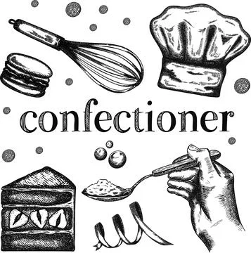 Etching vintage vector set with macaroon, cake, spoon, hand and cook's hat Stock Illustration